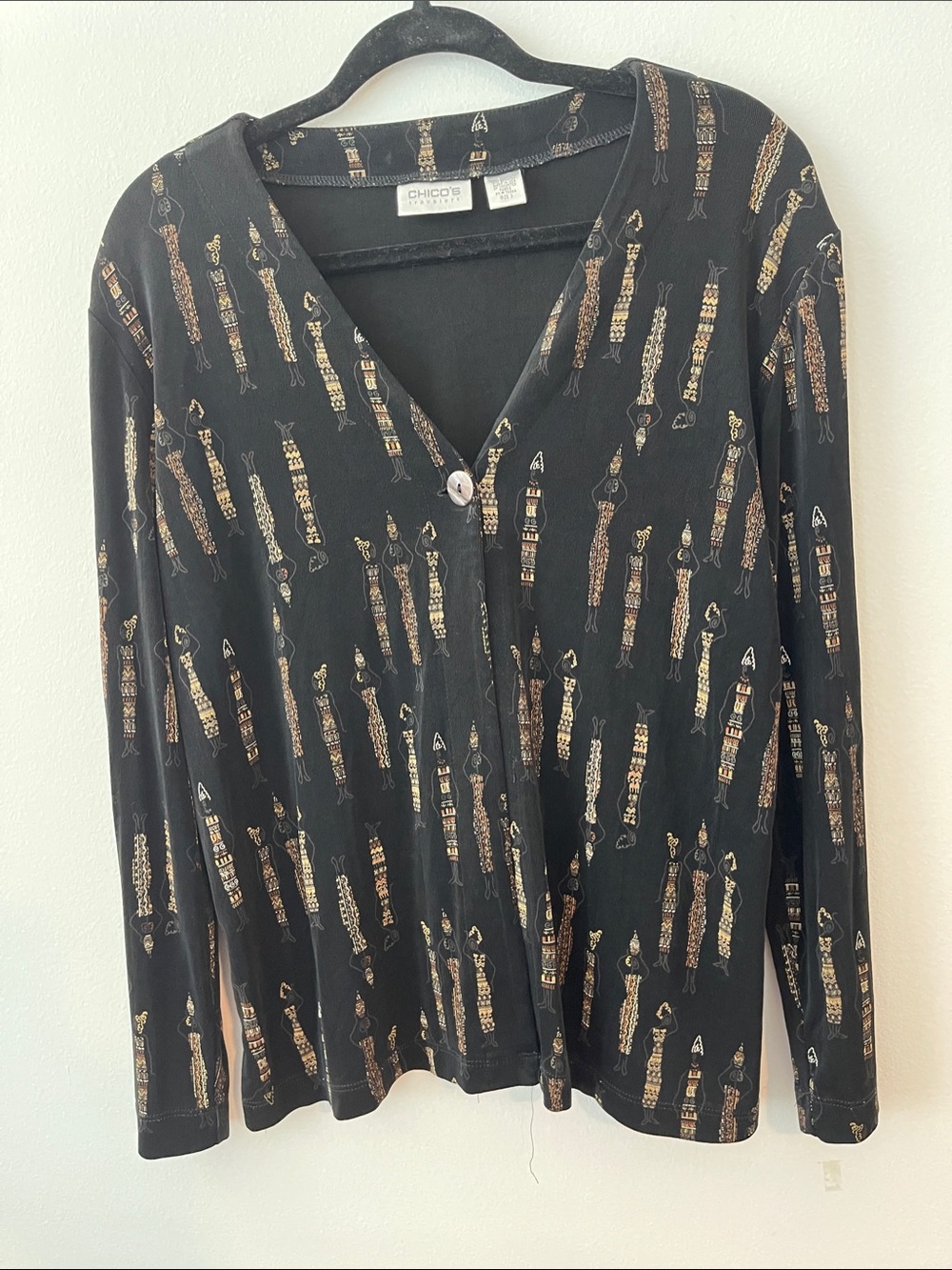 Chico's Travelers Black Button-Front Long Sleeve Printed Cardigan
